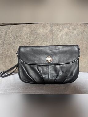 Coach Black Leather Wristlet Clutch with Gold Logo
